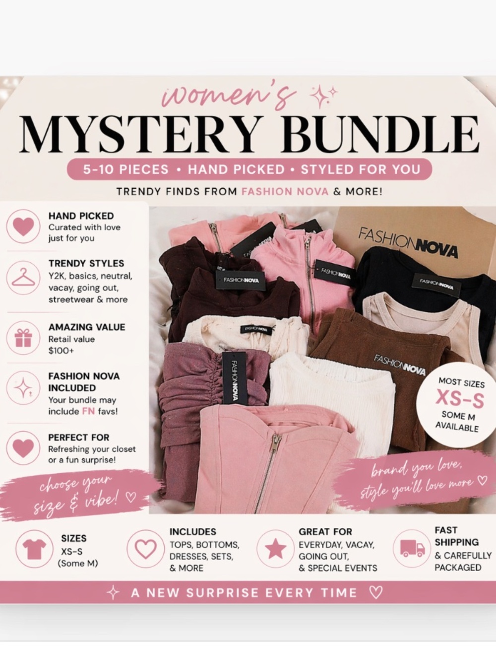 Women’s Mystery Bundle | XS–S | Fashion Nova + Trendy Pieces | 5–7 Items